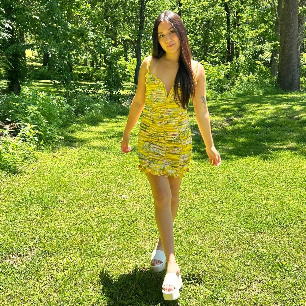 Yellow Ruche Mini Dress